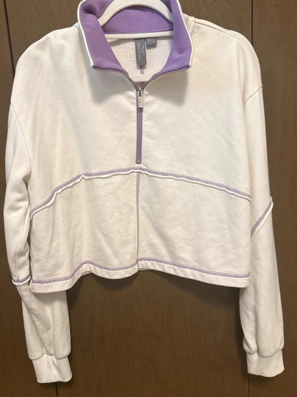 Sweaty Betty White Cropped Quarter-Zip Pullover with Lavender Trim